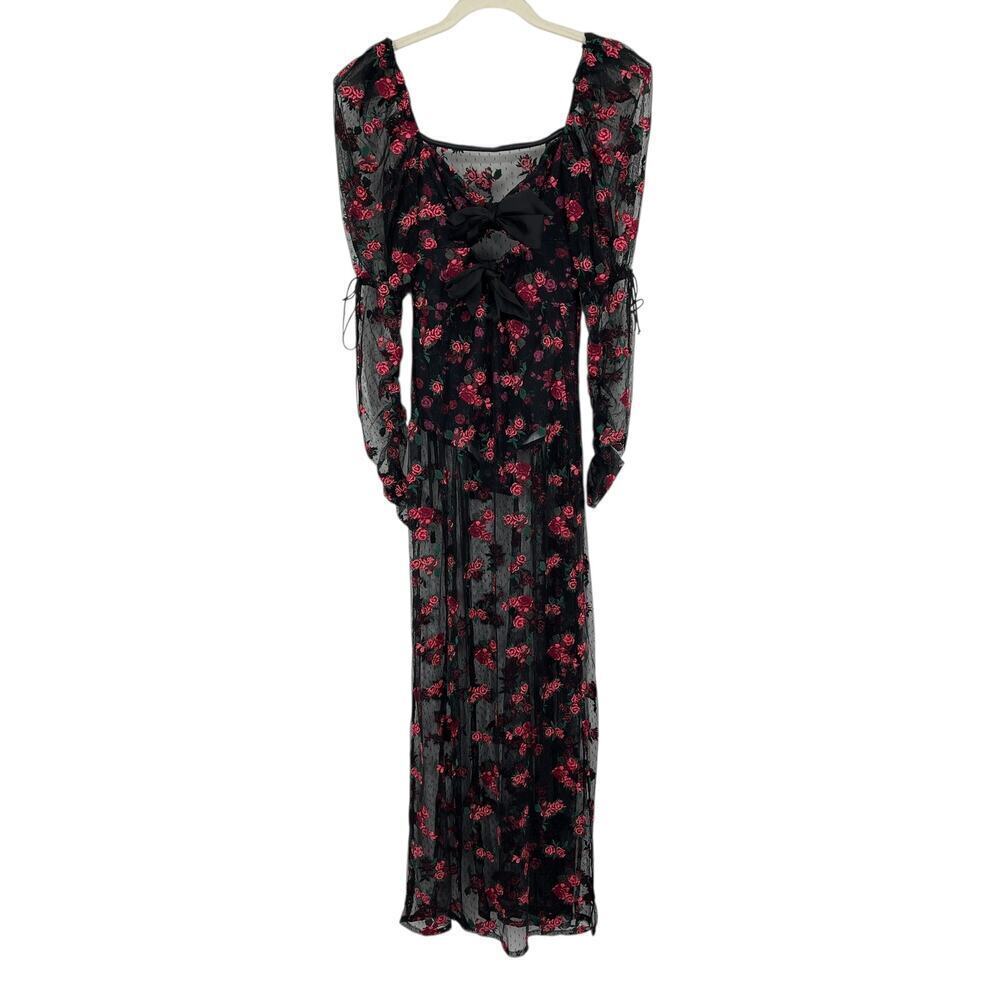 For Love & Lemons Blondie Maxi Dress Roses Mesh Bodysuit Tulle Puff Sleeve Small - Picture 5 of 13